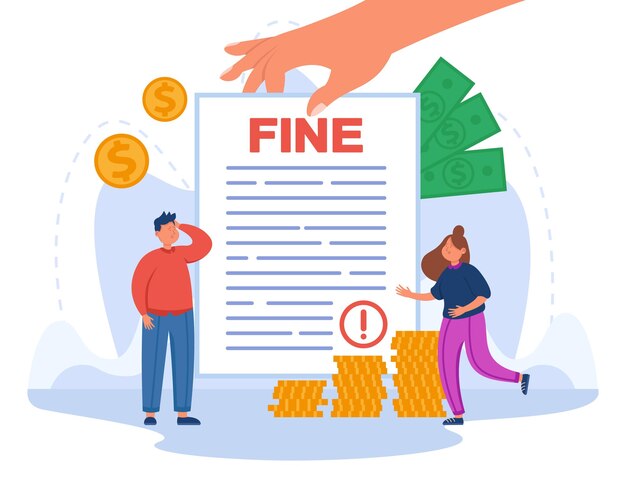 Tiny people with huge fine document flat vector illustration. Sad man and woman getting penalty or mulct from police for breaking law, paying traffic bill. Punishment notice, economy concept