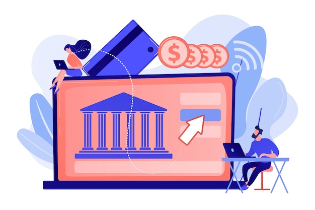 Tiny people with laptop and financial digital transformation. Open banking platform, online banking system, finance digital transformation concept illustration