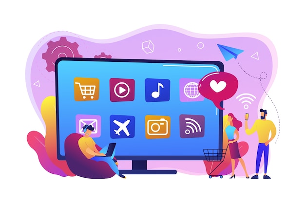 Free Vector tiny people with laptop, shopping cart using smart tv with apps. smart tv applications, smart tv marketplace, television app development concept. bright vibrant violet  isolated illustration