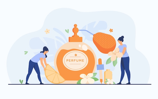 Free vector tiny perfumers creating citrus and flower fresh fragrance, holding blossom and lemon slice near glass flask. vector illustration for perfumery shop and aroma concept.