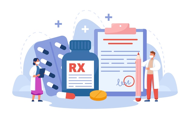 Tiny pharmacists with prescription drugs for patients. Pharmaceutical industry, RX symbol on bottle of painkillers flat vector illustration. Pharmacy, medicine, health concept for banner