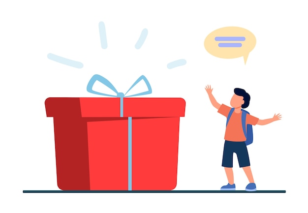 Tiny pupil standing near huge gift box. Present, surprise, boy flat vector illustration. Birthday and holiday