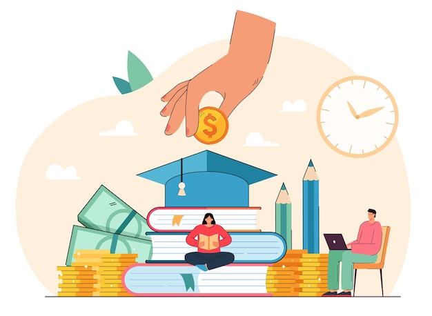 Tiny students sitting near books getting university degree and paying money. Education business flat vector illustration. College scholarship, finance system, school fee, economy, student loan concept