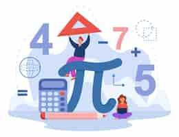 Free vector tiny students with huge sign pi flat vector illustration. boy and girl studying math and algebra at school or college, holding ruler, using laptop. geometric figures in background. education concept