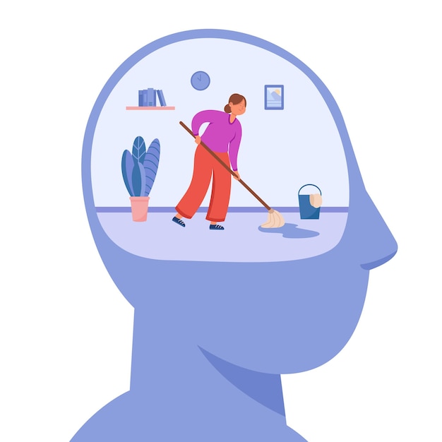 Free Vector tiny woman cleaning inner space of human head. person working on thought detox and improvement of consciousness flat vector illustration. mental health, self care, purification of mind concept