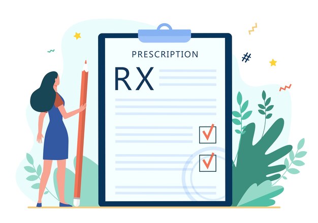 Tiny woman reading doctor prescription. RX, pencil, checkmark flat vector illustration. Medicine and healthcare