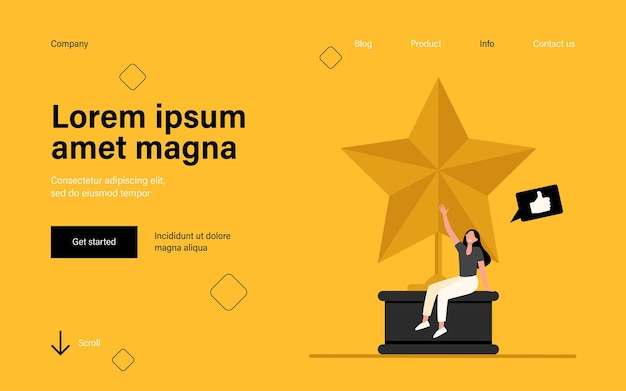 Tiny woman sitting on large golden star. Landing page in flat style.