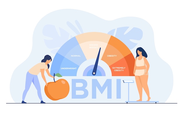 Free Vector tiny women near obese chart scales isolated flat vector illustration. cartoon female characters on diet using weight control with bmi. body mass index and medical fitness exercise concept