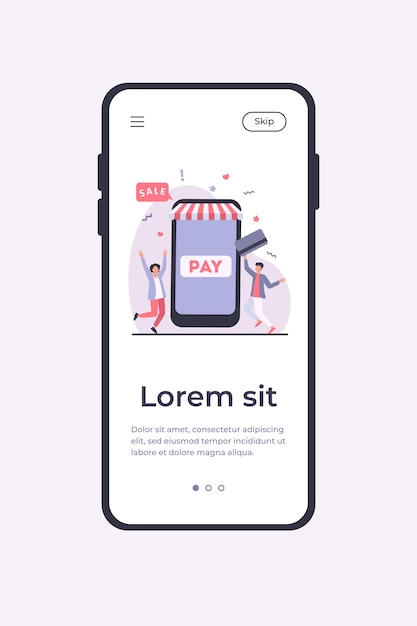 Tiny young guys paying with plastic card via mobile app. Smartphone, online, store flat vector illustration. Shopping and digital technology concept mobile app template