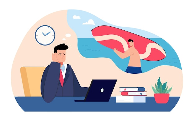 Tired businessman at work dreaming of holiday. Business person working on laptop, man in dream relaxing on beach flat vector illustration. Vacation, stress concept for banner, website design