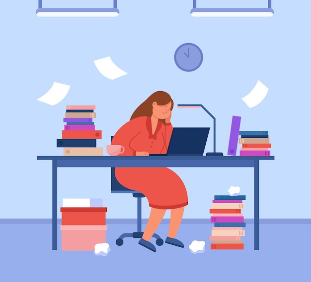 Free Vector tired busy female secretary sitting at table in office. overworked woman sitting at desk with piles of files on it, looking at laptop screen and working hard flat vector illustration. stress concept