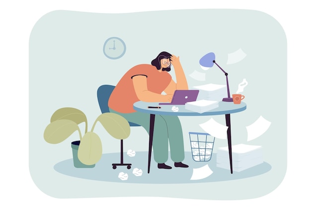 Free vector tired overworked woman sitting at table flat vector illustration. busy frustrated accountant or workaholic with paper piles on desk. female office employee working on laptop. workplace, stress concept