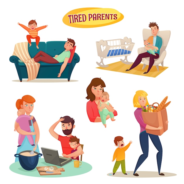 Tired Parents Isolated Decorative Elements 