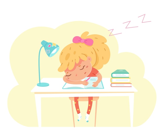 Tired schoolgirl sleeps in class sleepy girl sitting at school desk boring lesson Stress day at school study problems childhood elementary children education