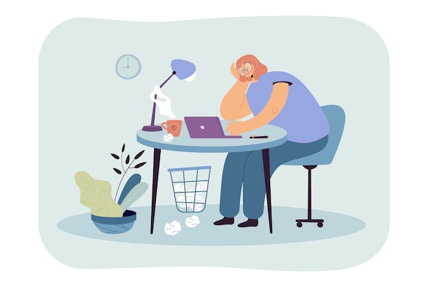 Tired woman sitting at table on work flat illustration