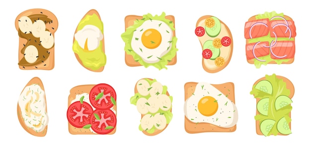 Free Vector toasts with various toppings illustrations set