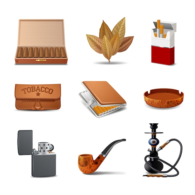 Tobacco decorative realistic icon set 