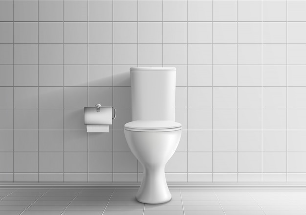 Toiler room minimalistic interior with tiled wall and floor 3d realistic vector mockup