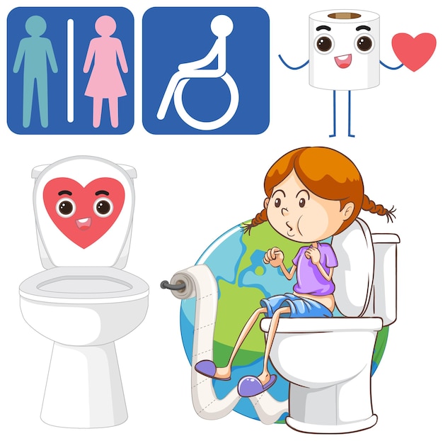 Free Vector toilet cartoon icons set for bathroom decor and signage