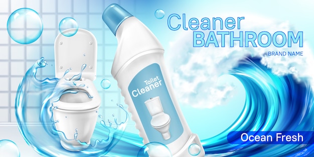 Toilet cleaner bottle in water wave, illustration for product packaging