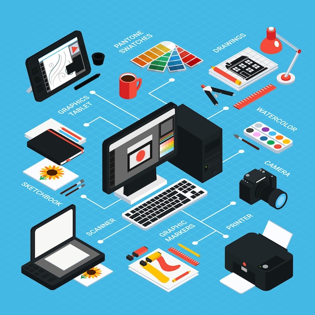 Tools and equipment for graphic  isometric infographics on blue  3d