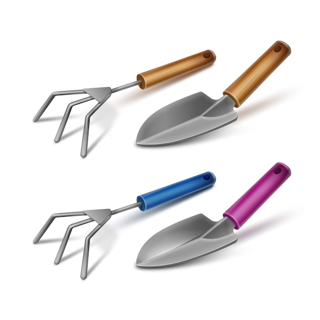 Free Vector tools for gardening: hand cultivator and trowel with wooden and colored handle