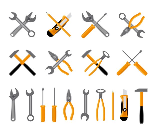 Tools icons set. Hammer and wrench, , screwdriver and spanner. Vector illustration