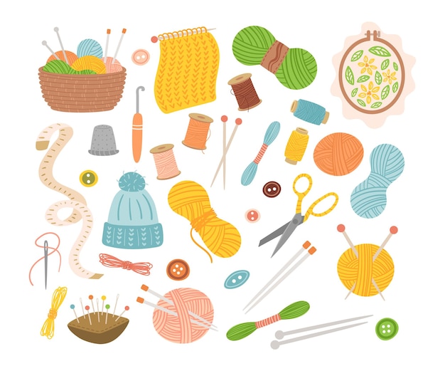 Tools for knitting and sewing flat vector illustrations set. Accessories for needlework: wool threads, scissors, needles, yarn balls, crochet isolated on white background. Hobby, handicraft concept