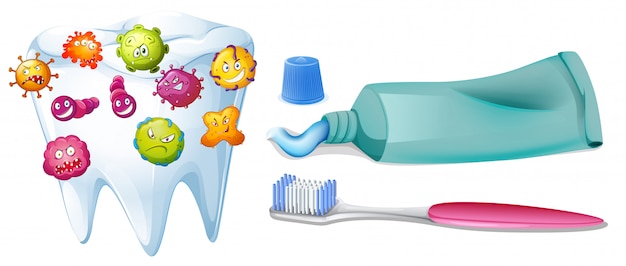 Tooth with bacteria and cleaning set