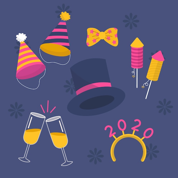 Free Vector top hat and 2020 party element collection