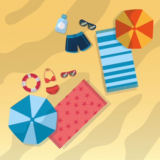 Top view beach with swimsuits umbrella sunglasses towels and bottle sunscreen