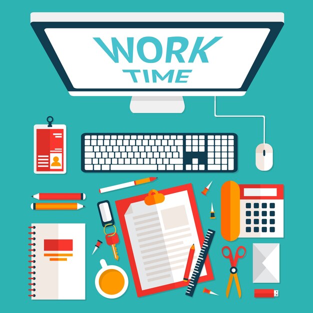 Top view on classic office workplace desk with computer and stationery vector illustration