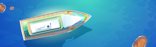 Free Vector top view of cruise ship in sea. aerial view to luxury passenger liner for summer vacation and travel. vector cartoon illustration of ocean and big cruise ship with swimming pool on deck