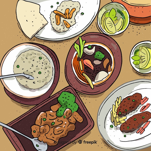 Free Vector top view of dishes on restaurant table