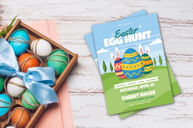 Top view easter party poster and basket with eggs