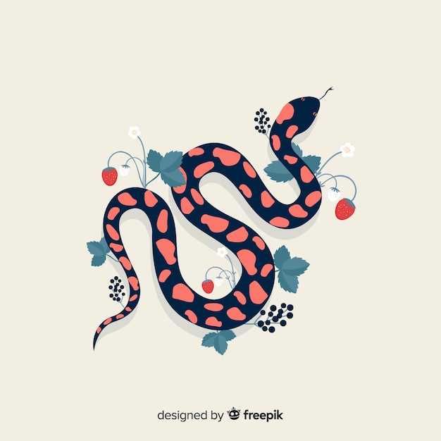 Top view hand drawn snake with flowers background