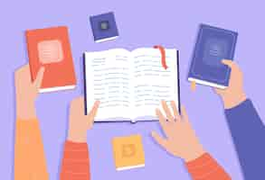 Free vector top view of hands holding different books. people learning or studying at library flat vector illustration. education, knowledge concept for banner, website design or landing web page