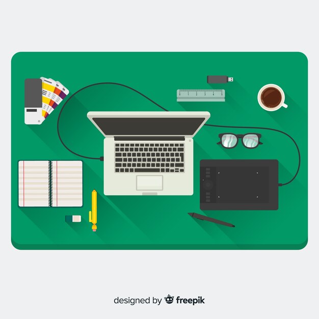 Top view of modern office desk with flat design