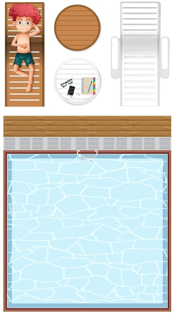 Top view of swimming pool and a boy cartoon character