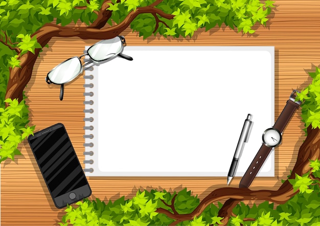 Free Vector top view of wooden table with office objects and leaves element