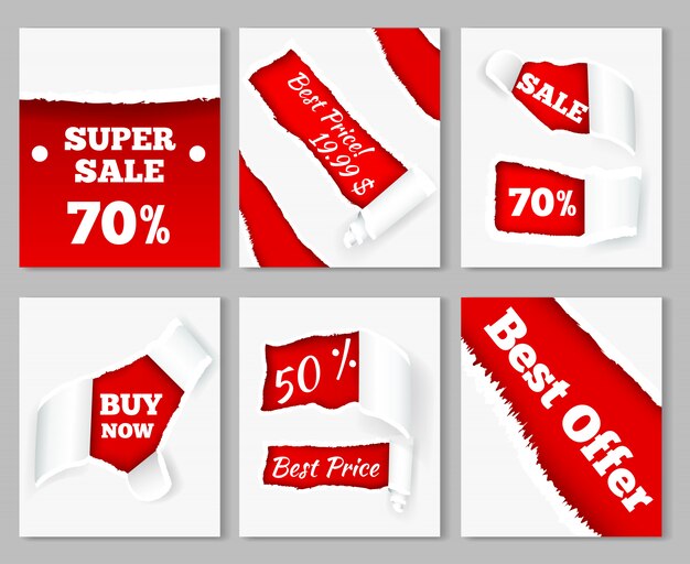 Torn paper curls revealing super sales discount prices on red background realistic cards set