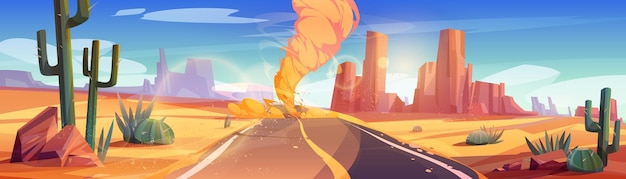 Free vector tornado at desert road cartoon nature landscape