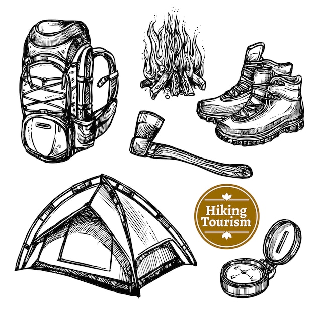 Free Vector tourism camping hiking sketch set