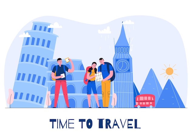 Tourism city composition with time to travel headline and three tourists on vacation  illustration