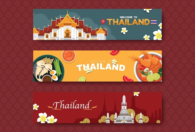 Free Vector tourist attractions famous landmarks travel in thailand and tasting thai food on vacation asia travel destinations