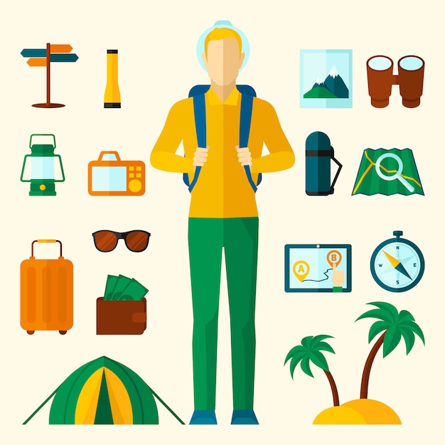 Free Vector tourist icons flat set