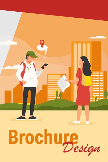 Tourist with paper map asking destination. Man explaining way to woman, using location app on cell flat vector illustration. Navigation, travel concept 