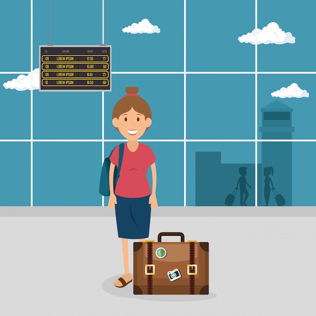 Free vector tourist woman with suitcase in the airport