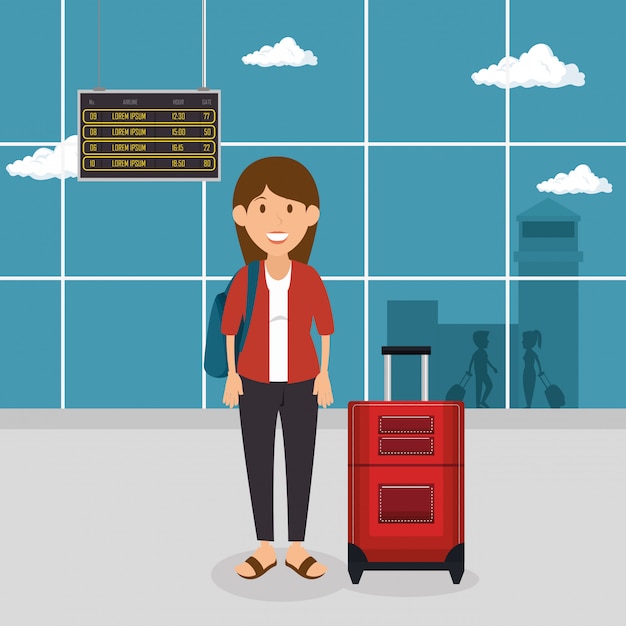 Free vector tourist woman with suitcase in the airport