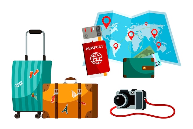 Free Vector touristic accessory and attributes set suitcase paper world map passport purse camera